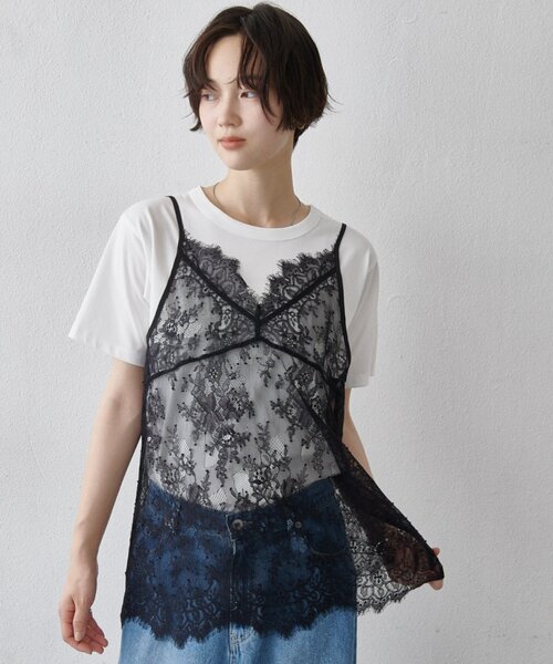 COLONY 2139(コロニートゥーワンスリーナイン)の「【WEB限定】レースキャミ付きTシャツ(Tシャツ/カットソー・レディース・ブラック/オフホワイト・FREE)」の3枚目の写真