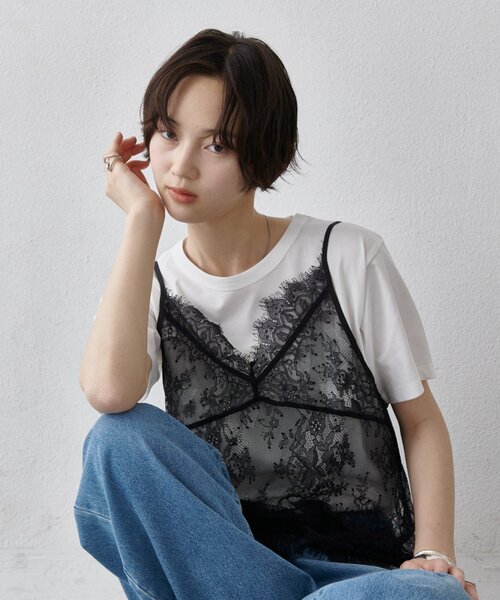 COLONY 2139(コロニートゥーワンスリーナイン)の「【WEB限定】レースキャミ付きTシャツ(Tシャツ/カットソー・レディース・ブラック/オフホワイト・FREE)」の6枚目の写真