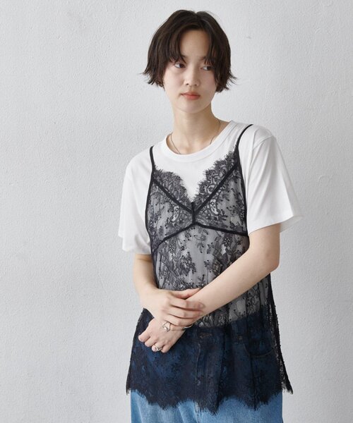 COLONY 2139(コロニートゥーワンスリーナイン)の「【WEB限定】レースキャミ付きTシャツ(Tシャツ/カットソー・レディース・ブラック/オフホワイト・FREE)」の7枚目の写真