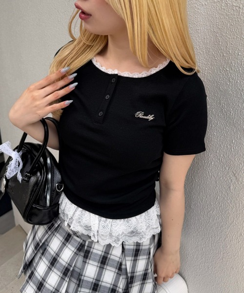 Another Branch olive des olive（アナザーブランチオリーブデオリーブ）の「テレコ裾レースヘンリーTシャツ（Tシャツ/カットソー・レディース・ドット/その他11/ブラック/チャコールグレー・FREE）」の2枚目の写真