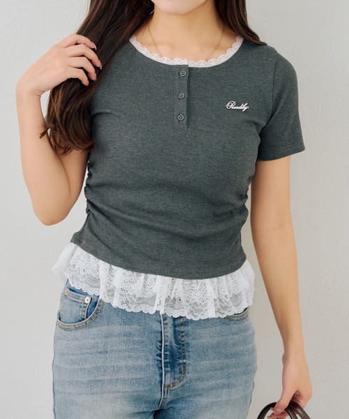 Another Branch olive des olive（アナザーブランチオリーブデオリーブ）の「テレコ裾レースヘンリーTシャツ（Tシャツ/カットソー・レディース・ドット/その他11/ブラック/チャコールグレー・FREE）」の11枚目の写真