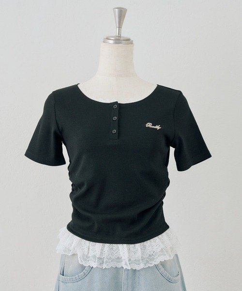 Another Branch olive des olive（アナザーブランチオリーブデオリーブ）の「テレコ裾レースヘンリーTシャツ（Tシャツ/カットソー・レディース・ドット/その他11/ブラック/チャコールグレー・FREE）」の20枚目の写真