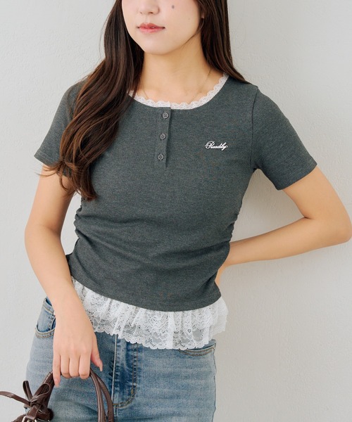 Another Branch olive des olive（アナザーブランチオリーブデオリーブ）の「テレコ裾レースヘンリーTシャツ（Tシャツ/カットソー・レディース・ドット/その他11/ブラック/チャコールグレー・FREE）」の18枚目の写真