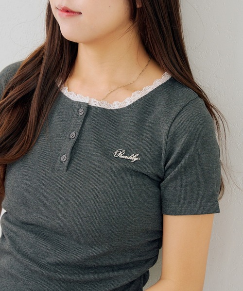 Another Branch olive des olive（アナザーブランチオリーブデオリーブ）の「テレコ裾レースヘンリーTシャツ（Tシャツ/カットソー・レディース・ドット/その他11/ブラック/チャコールグレー・FREE）」の19枚目の写真