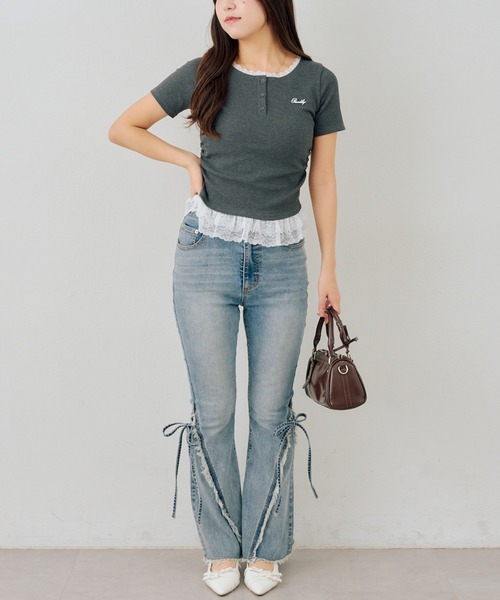 Another Branch olive des olive（アナザーブランチオリーブデオリーブ）の「テレコ裾レースヘンリーTシャツ（Tシャツ/カットソー・レディース・ドット/その他11/ブラック/チャコールグレー・FREE）」の16枚目の写真