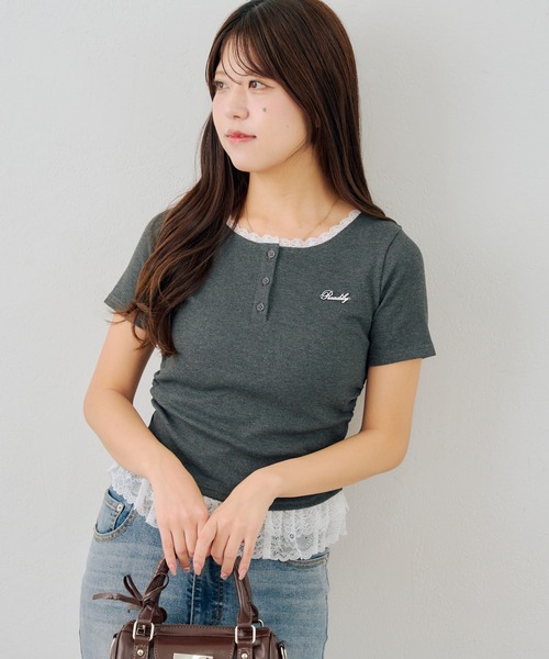 Another Branch olive des olive（アナザーブランチオリーブデオリーブ）の「テレコ裾レースヘンリーTシャツ（Tシャツ/カットソー・レディース・ドット/その他11/ブラック/チャコールグレー・FREE）」の12枚目の写真