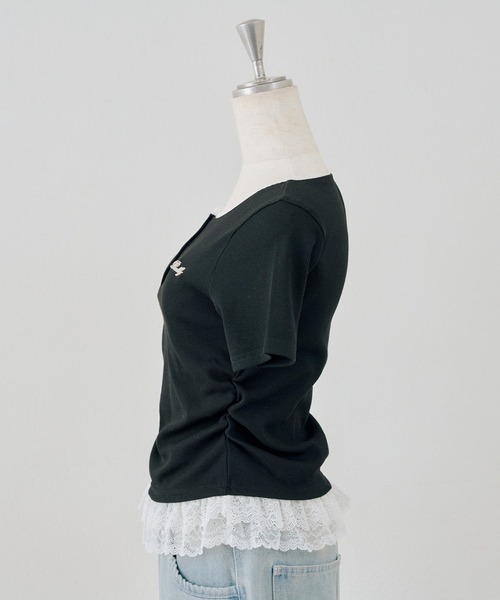 Another Branch olive des olive（アナザーブランチオリーブデオリーブ）の「テレコ裾レースヘンリーTシャツ（Tシャツ/カットソー・レディース・ドット/その他11/ブラック/チャコールグレー・FREE）」の21枚目の写真