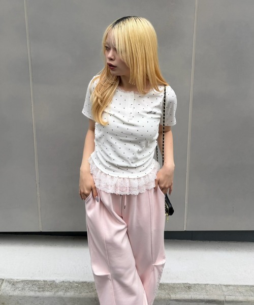 Another Branch olive des olive（アナザーブランチオリーブデオリーブ）の「テレコ裾レースヘンリーTシャツ（Tシャツ/カットソー・レディース・ドット/その他11/ブラック/チャコールグレー・FREE）」の9枚目の写真