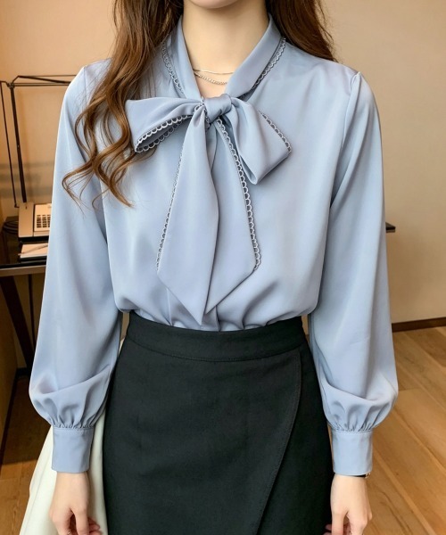 Miniministore(ミニミニストア)の「リボンタイブラウス ボウタイシャツ 長袖(シャツ/ブラウス・レディース・ブルー/ホワイト・FREE)」の5枚目の写真