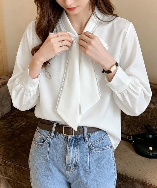 Miniministore(ミニミニストア)の「リボンタイブラウス ボウタイシャツ 長袖(シャツ/ブラウス・レディース・ブルー/ホワイト・FREE)」の6枚目の写真