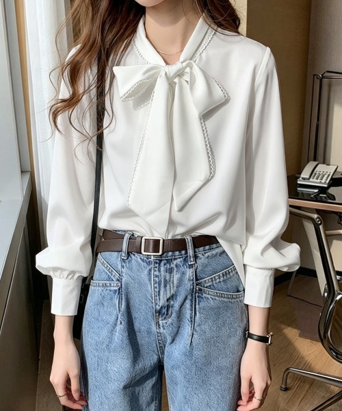 Miniministore(ミニミニストア)の「リボンタイブラウス ボウタイシャツ 長袖(シャツ/ブラウス・レディース・ブルー/ホワイト・FREE)」の7枚目の写真