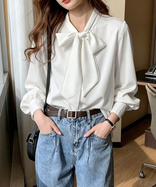 Miniministore(ミニミニストア)の「リボンタイブラウス ボウタイシャツ 長袖(シャツ/ブラウス・レディース・ブルー/ホワイト・FREE)」の8枚目の写真