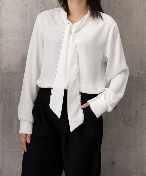 Miniministore(ミニミニストア)の「リボンタイブラウス ボウタイシャツ 長袖(シャツ/ブラウス・レディース・ブルー/ホワイト・FREE)」の12枚目の写真