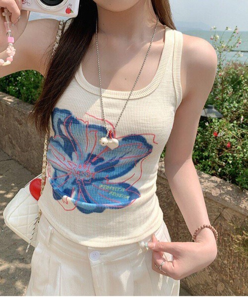 gossip！ロサンゼルス（ゴシップロサンゼルス）の「Y2K ヴィンテージライク ビッグフラワー リブタンクトップ（Tシャツ/カットソー・レディース・ベージュ・M）」の5枚目の写真