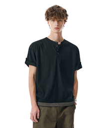 Layered Henley Roll-Up Tee [BLACK]_SETS057BLACK
