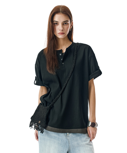 SECONDMONO（セカンドモノローグ）の「Layered Henley Roll-Up Tee [BLACK]_SETS057BLACK（Tシャツ/カットソー・レディース・その他・MEDIUM/LARGE）」の3枚目の写真