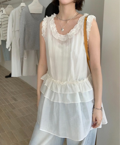 MAISON DE THERESE（メゾン ド テレーズ）の「シアーレースフリルノースリーブ ホワイト レイヤード（Tシャツ/カットソー・レディース・White・FREE）」の9枚目の写真