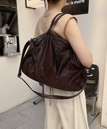 サイドギャザーデザインPUレザーショルダートートバッグ