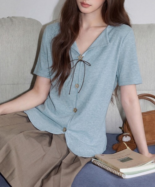 ONEP STAR(ワンピスター)の「フロントリボン&ボタン装飾リブカットソー(Tシャツ/カットソー・レディース・ブルー・X-LARGE/LARGE/MEDIUM)」の5枚目の写真