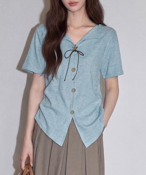 ONEP STAR(ワンピスター)の「フロントリボン&ボタン装飾リブカットソー(Tシャツ/カットソー・レディース・ブルー・X-LARGE/LARGE/MEDIUM)」の6枚目の写真