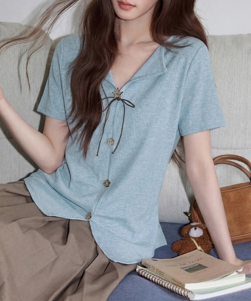 ONEP STAR(ワンピスター)の「フロントリボン&ボタン装飾リブカットソー(Tシャツ/カットソー・レディース・ブルー・X-LARGE/LARGE/MEDIUM)」の8枚目の写真