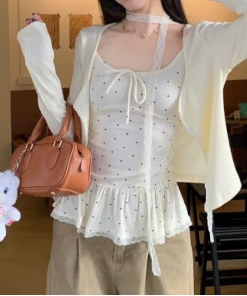 MASHIRO(マシロ)の「【MASHIRO】レースチョーカー付きドット柄キャミトップ(MA/EK165)(キャミソール・レディース・ホワイト/ブラウン・FREE)」の6枚目の写真