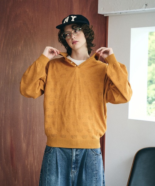 Elanque（エランク）の「Sheep Embroidery Knit Polo / ヒツジ柄編みニットポロ（ニット/セーター・メンズ・マスタード/チャコールグレー/ブラウン/グリーン・MEDIUM/LARGE）」の10枚目の写真
