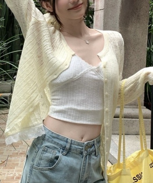 Ritzy（リッツィー）の「透かし編み V ネックニットカーディガン（カーディガン/ボレロ・レディース・イエロー/ピンク/ホワイト/グレー/グリーン・FREE）」の4枚目の写真