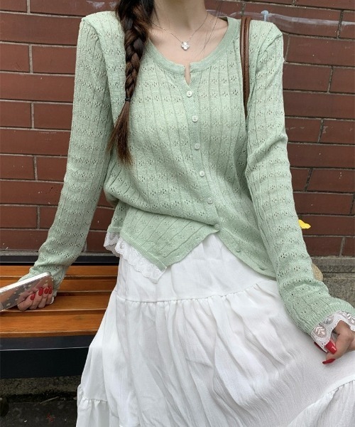 Ritzy（リッツィー）の「透かし編み V ネックニットカーディガン（カーディガン/ボレロ・レディース・イエロー/ピンク/ホワイト/グレー/グリーン・FREE）」の3枚目の写真