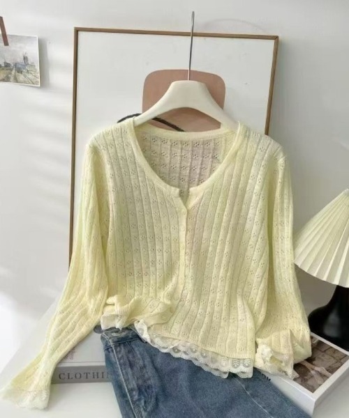 Ritzy（リッツィー）の「透かし編み V ネックニットカーディガン（カーディガン/ボレロ・レディース・イエロー/ピンク/ホワイト/グレー/グリーン・FREE）」の7枚目の写真