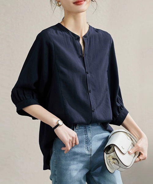 ReRe(リリ)の「バンドカラーブラウス(シャツ/ブラウス・レディース・ベージュ/ネイビー・MEDIUM/X-LARGE/LARGE/XX-LARGE)」の3枚目の写真