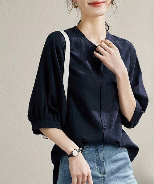 ReRe(リリ)の「バンドカラーブラウス(シャツ/ブラウス・レディース・ベージュ/ネイビー・MEDIUM/X-LARGE/LARGE/XX-LARGE)」の6枚目の写真