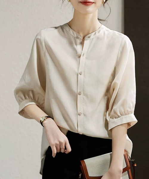 ReRe(リリ)の「バンドカラーブラウス(シャツ/ブラウス・レディース・ベージュ/ネイビー・MEDIUM/X-LARGE/LARGE/XX-LARGE)」の7枚目の写真