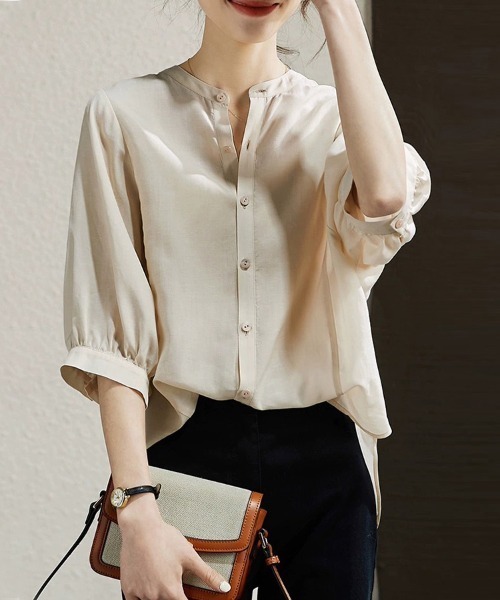 ReRe(リリ)の「バンドカラーブラウス(シャツ/ブラウス・レディース・ベージュ/ネイビー・MEDIUM/X-LARGE/LARGE/XX-LARGE)」の8枚目の写真