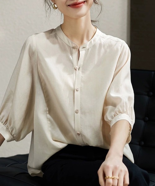 ReRe(リリ)の「バンドカラーブラウス(シャツ/ブラウス・レディース・ベージュ/ネイビー・MEDIUM/X-LARGE/LARGE/XX-LARGE)」の9枚目の写真