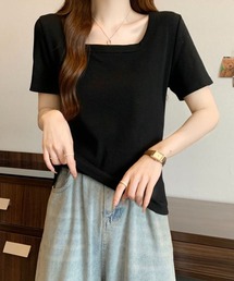 スクエアネック 半袖 リブTシャツ