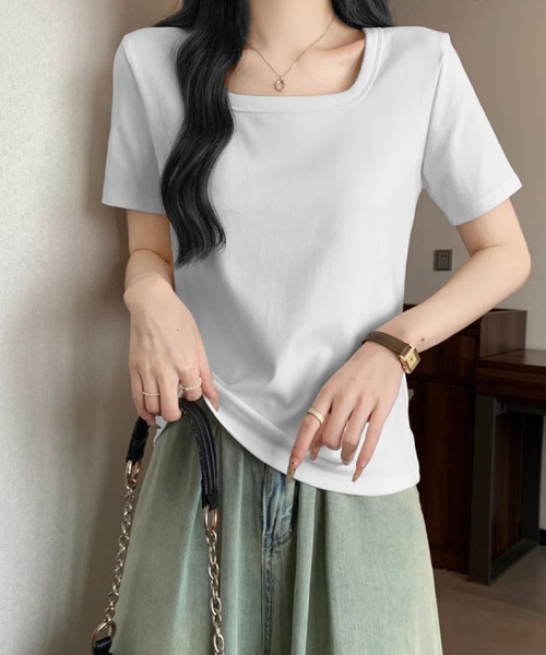 2ly2(トゥーリートゥー)の「スクエアネック 半袖 リブTシャツ(Tシャツ/カットソー・レディース・グレー/ホワイト/ブラック・FREE)」の4枚目の写真