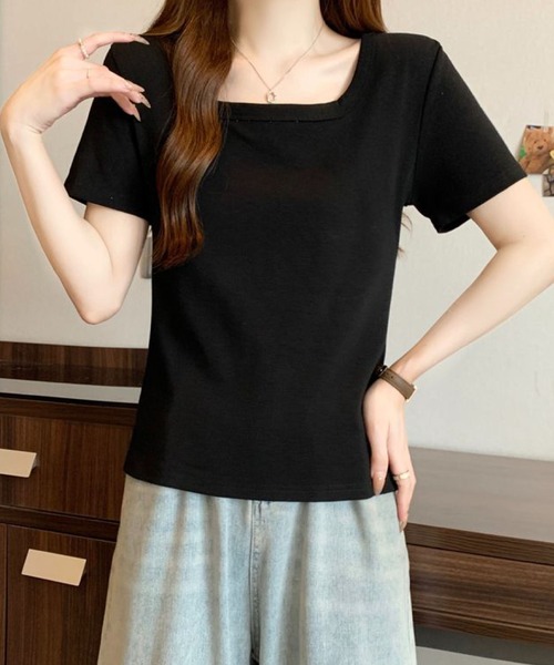 2ly2(トゥーリートゥー)の「スクエアネック 半袖 リブTシャツ(Tシャツ/カットソー・レディース・グレー/ホワイト/ブラック・FREE)」の5枚目の写真