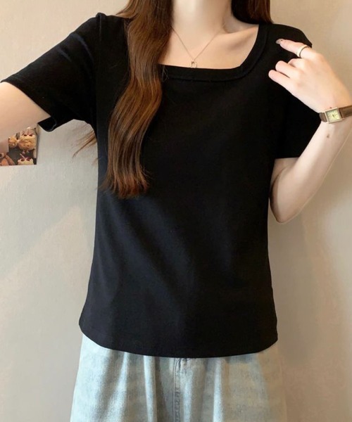 2ly2(トゥーリートゥー)の「スクエアネック 半袖 リブTシャツ(Tシャツ/カットソー・レディース・グレー/ホワイト/ブラック・FREE)」の6枚目の写真