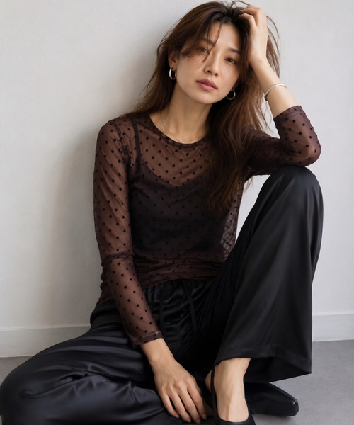 ap retro(アプレトロ)の「フロッキードットシアートップス/長袖Tee(Tシャツ/カットソー・レディース・ブラック/ブラウン/アイボリー・FREE)」の3枚目の写真
