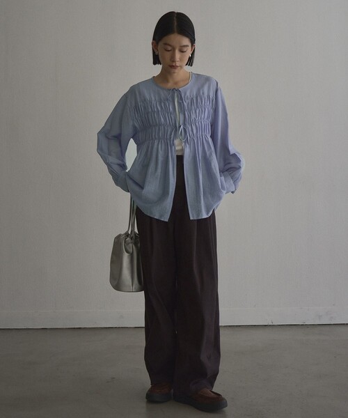 coen（コーエン）の「【秋カラー新登場◎/セットアイテム】シアーシャーリングシャツカーデセット（シャツ/ブラウス・レディース・ブラウン/ダークグレー/ライトブルー/ナチュラル・L/M）」の6枚目の写真