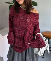 スラブボーダー透かし編みニット