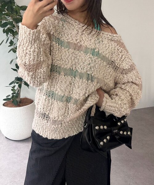 CIAOPANIC(チャオパニック)の「スラブボーダー透かし編みニット(ニット/セーター・レディース・ミント/バーガンディー/アイボリー・ONE SIZE)」の2枚目の写真