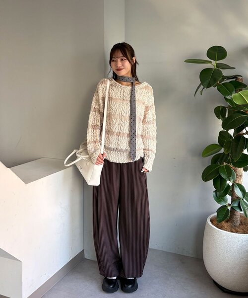 CIAOPANIC(チャオパニック)の「スラブボーダー透かし編みニット(ニット/セーター・レディース・ミント/バーガンディー/アイボリー・ONE SIZE)」の4枚目の写真