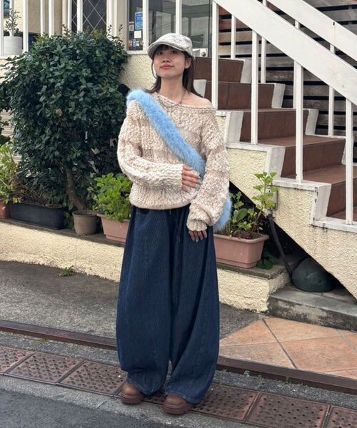CIAOPANIC(チャオパニック)の「スラブボーダー透かし編みニット(ニット/セーター・レディース・ミント/バーガンディー/アイボリー・ONE SIZE)」の5枚目の写真