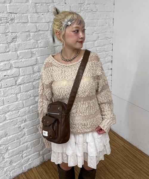 CIAOPANIC(チャオパニック)の「スラブボーダー透かし編みニット(ニット/セーター・レディース・ミント/バーガンディー/アイボリー・ONE SIZE)」の7枚目の写真