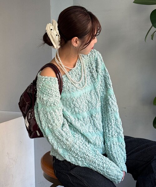 CIAOPANIC(チャオパニック)の「スラブボーダー透かし編みニット(ニット/セーター・レディース・ミント/バーガンディー/アイボリー・ONE SIZE)」の9枚目の写真