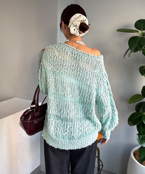 CIAOPANIC(チャオパニック)の「スラブボーダー透かし編みニット(ニット/セーター・レディース・ミント/バーガンディー/アイボリー・ONE SIZE)」の12枚目の写真