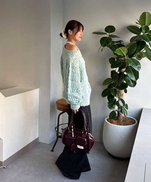 CIAOPANIC(チャオパニック)の「スラブボーダー透かし編みニット(ニット/セーター・レディース・ミント/バーガンディー/アイボリー・ONE SIZE)」の14枚目の写真