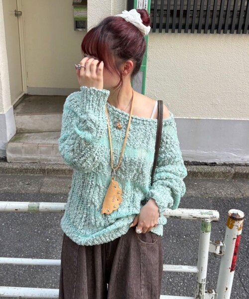 CIAOPANIC(チャオパニック)の「スラブボーダー透かし編みニット(ニット/セーター・レディース・ミント/バーガンディー/アイボリー・ONE SIZE)」の18枚目の写真